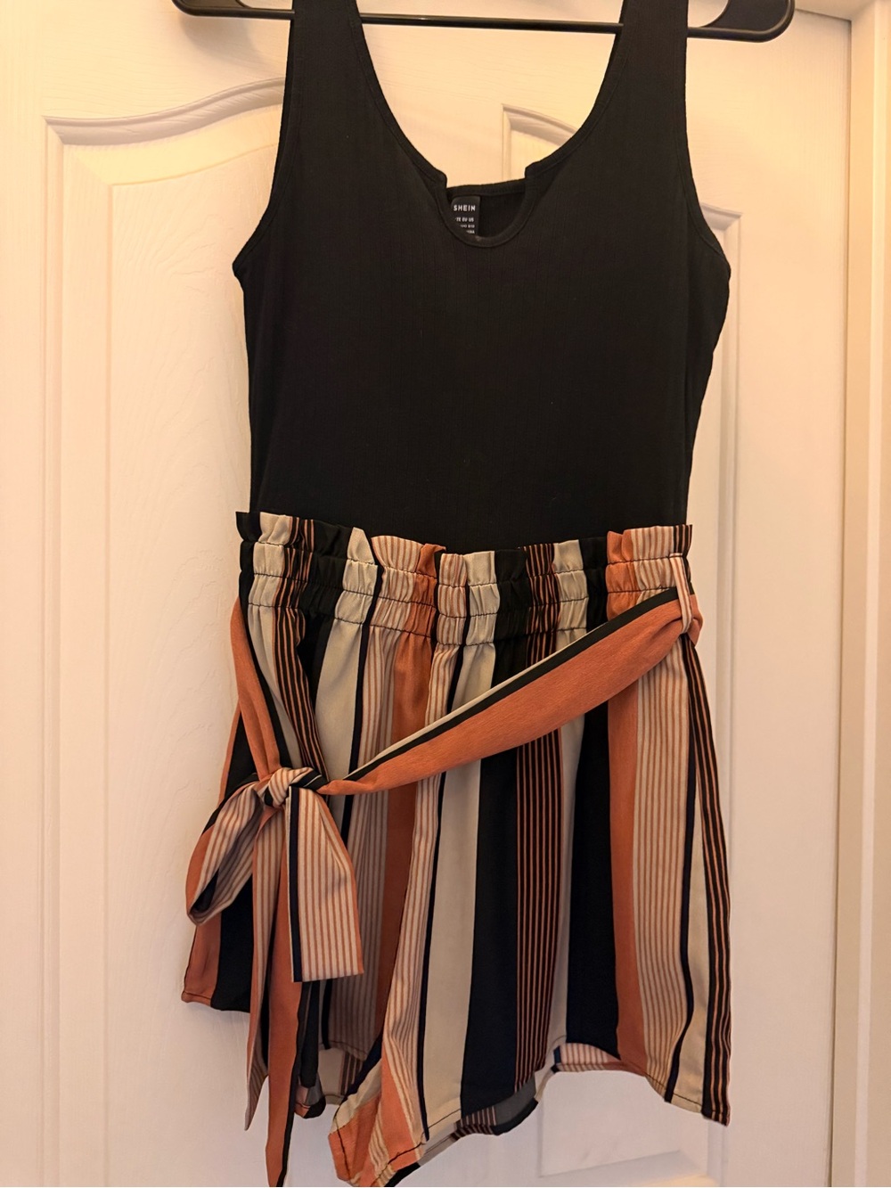SHEIN Black Tank Romper with Striped Tan & Cream Tie Waist